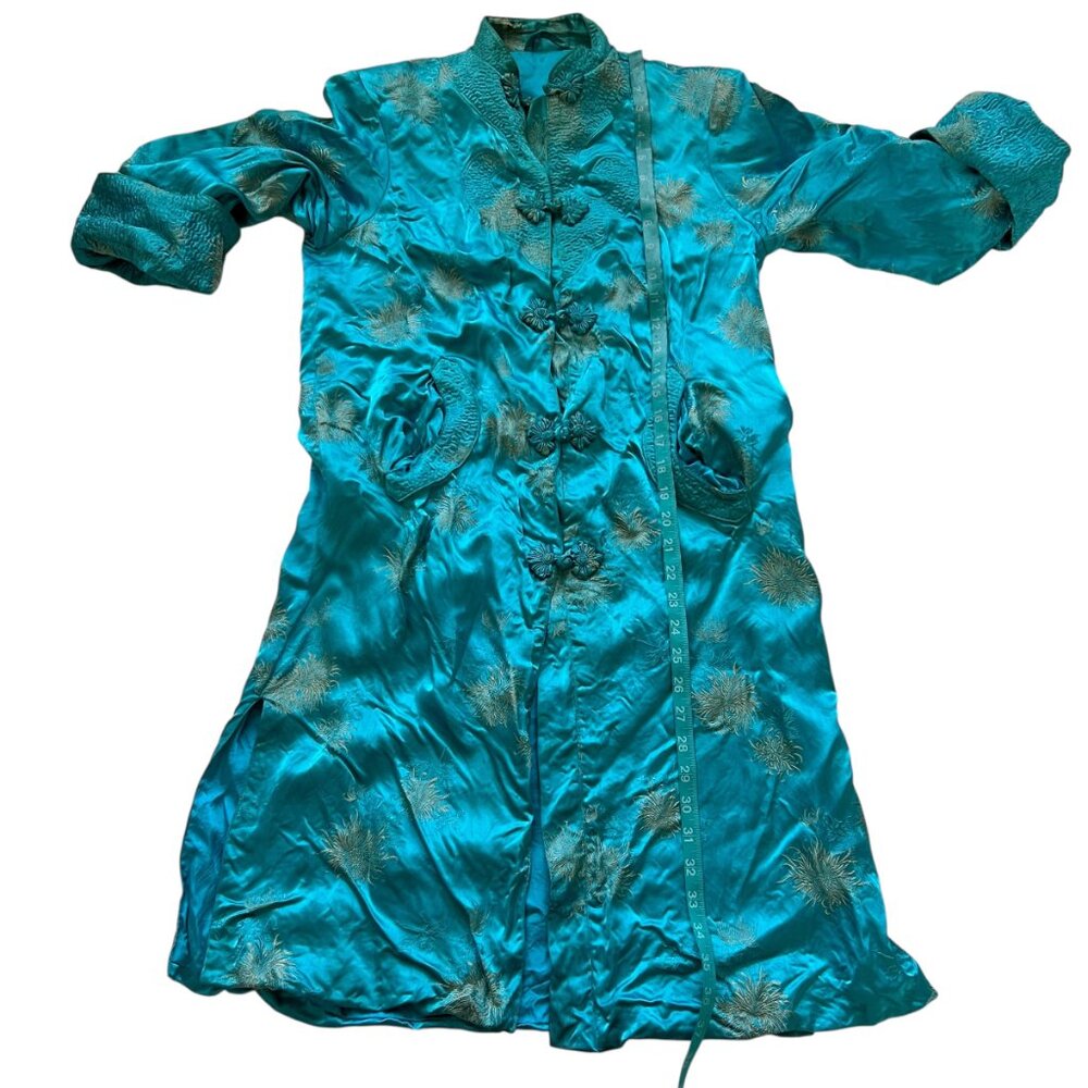 Traditional Chinese smoking jacket blue silky chrysanthemum floral design Small - Picture 3 of 11